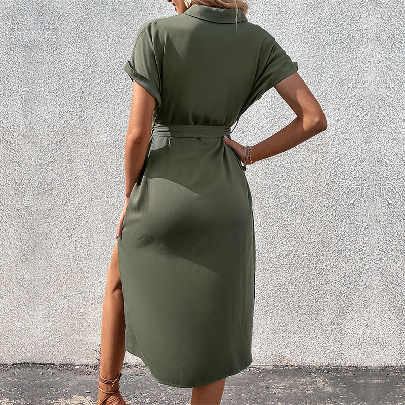 Damen Hemdblusenkleid mit tailliertem Bindegürtel und zeitlosem Knopfdesign WW