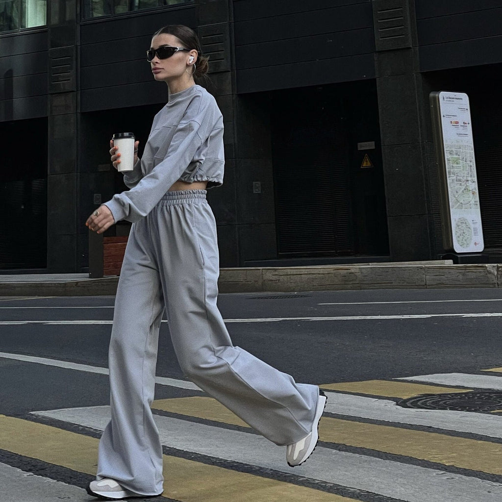 Damen lässiges Freizeit-Set mit cropped Oberteil und weitem lockeren Hosen WW