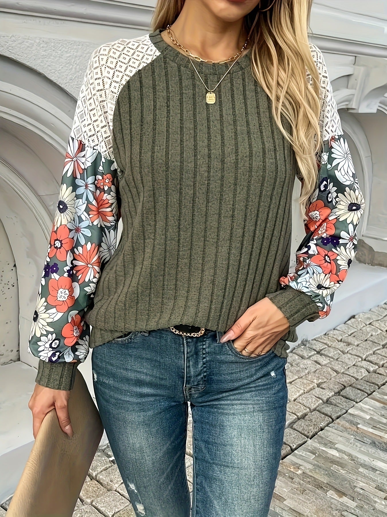 Damen Künstlerischer Blumensleeve Pullover WW