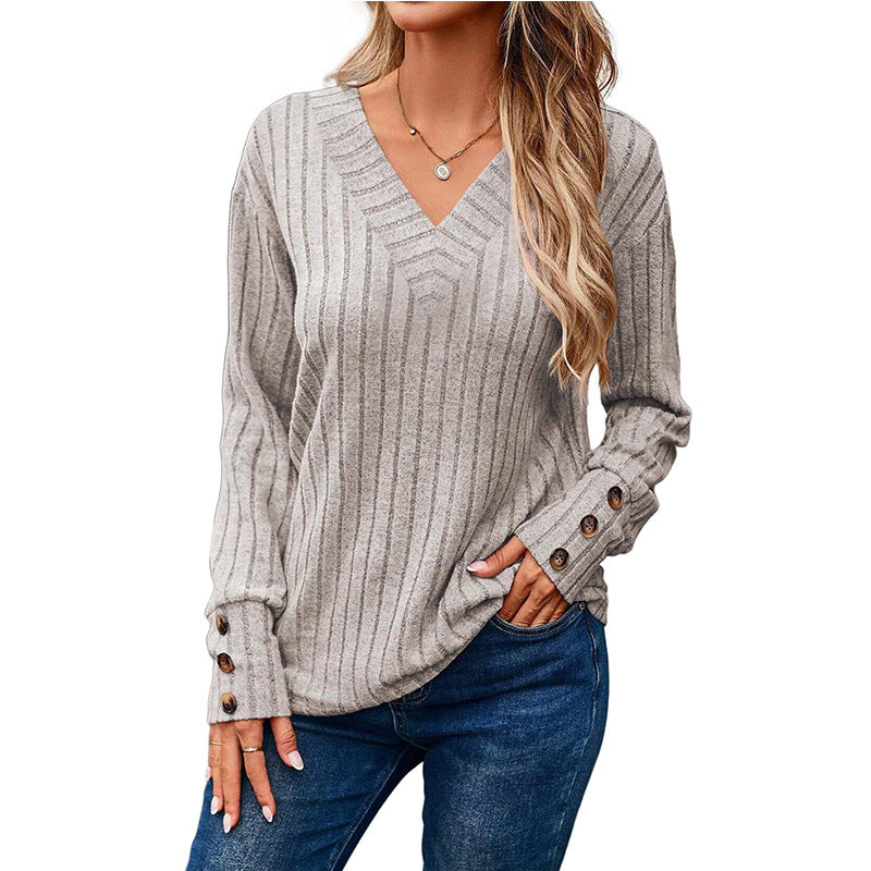 Damen V-Ausschnitt Knopf-Detail gestreifter Pullover WW