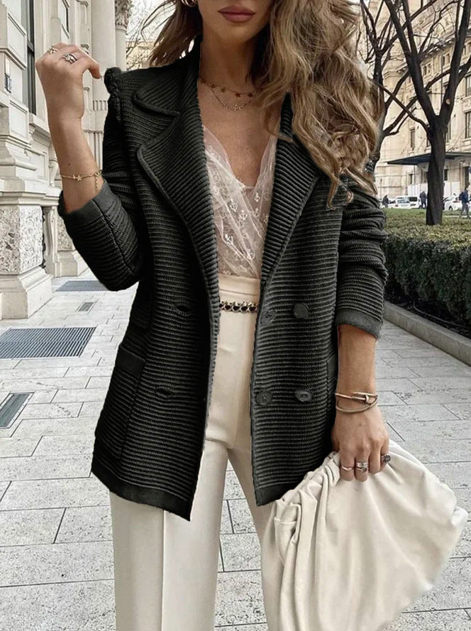 Damen eleganter Strickblazer mit doppelter Knopfleiste und Taschen WW