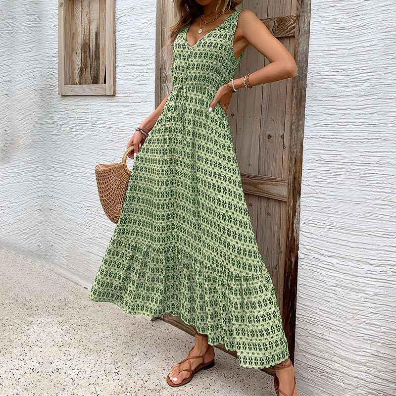 Damen Boho Maxikleid mit bindbarem Taillengürtel und voluminösem Rock WW