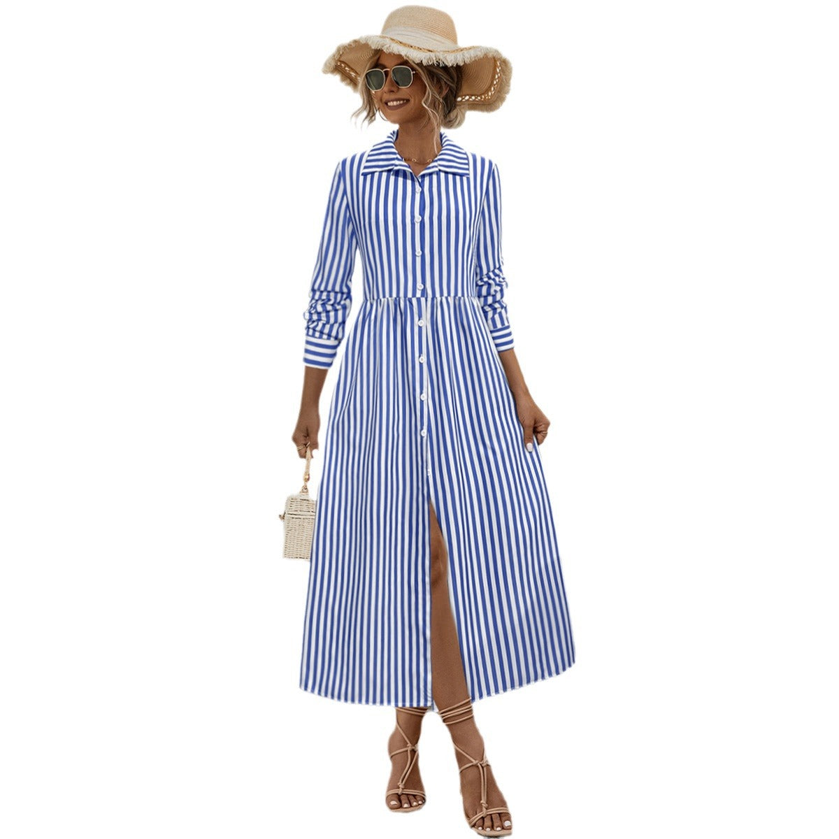 Damen Hemdblusenkleid mit vertikalem Streifenmuster und eleganter Knopfleiste WW