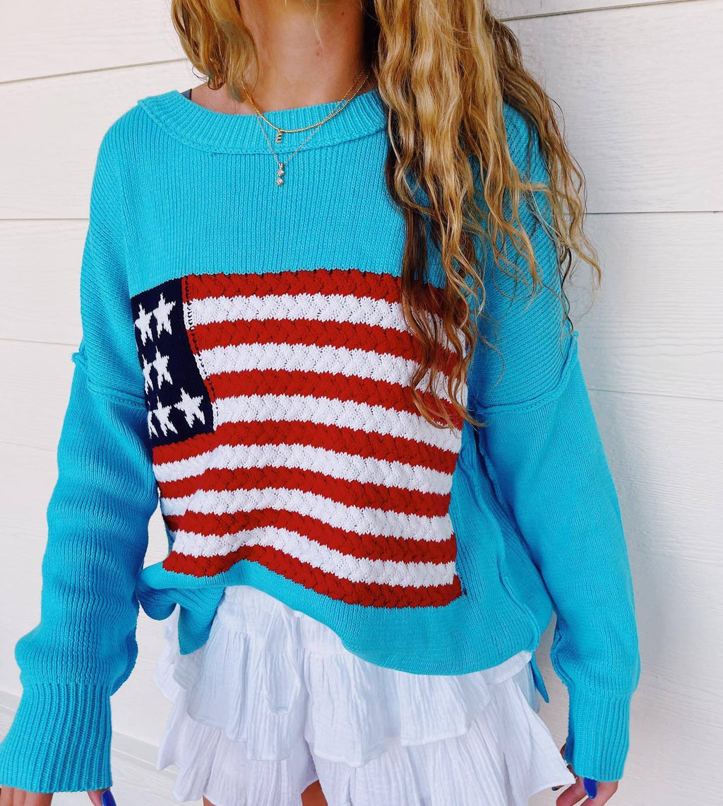 Damen Strickpullover mit auffälligem Flaggenmotiv und lässigem Schnitt WW