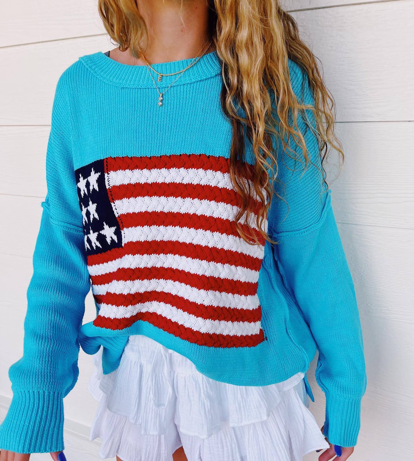 Damen Strickpullover mit auffälligem Flaggenmotiv und lässigem Schnitt WW