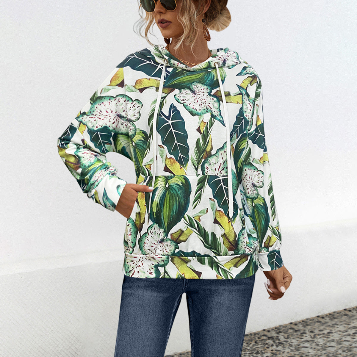 Damen Hoodie mit floralem Design und praktischer Bauchtasche WW