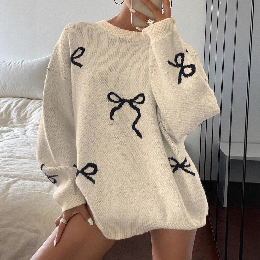 Damen Oversized Pullover mit dekorativem Schleifenmotiv WW