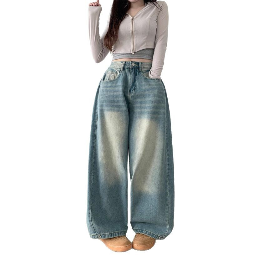 Damen Weite High-Waist Denim-Hose mit Faltenwurf WW