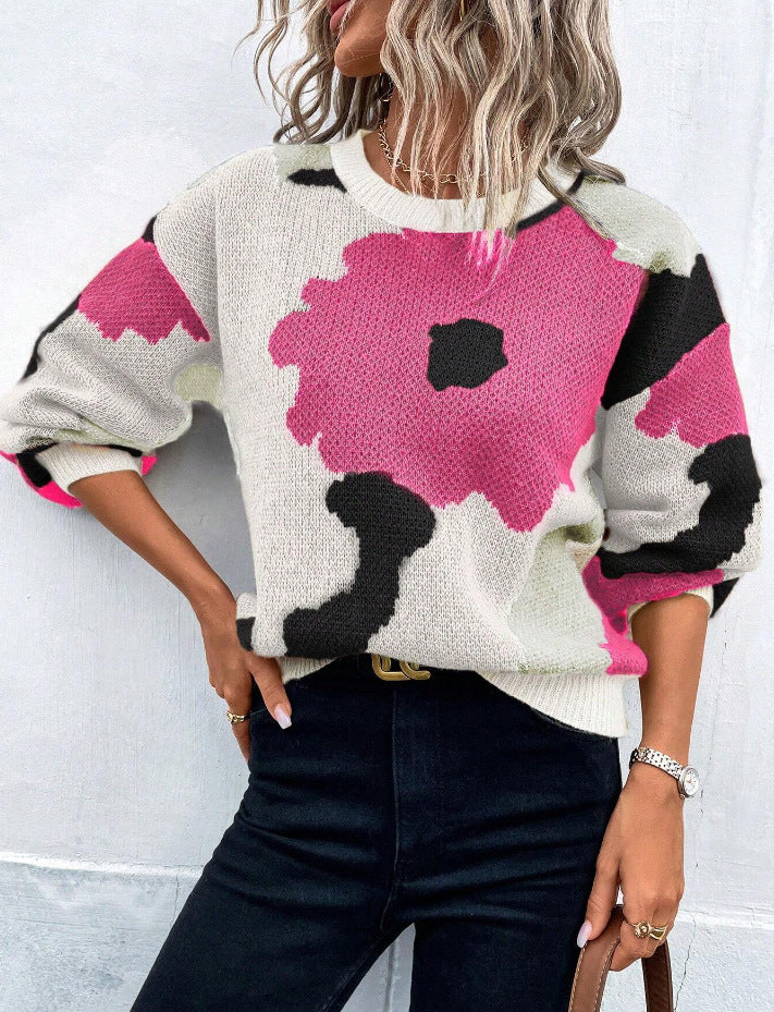 Damen modischer Pullover mit floralem Muster und weiten Ärmeln WW