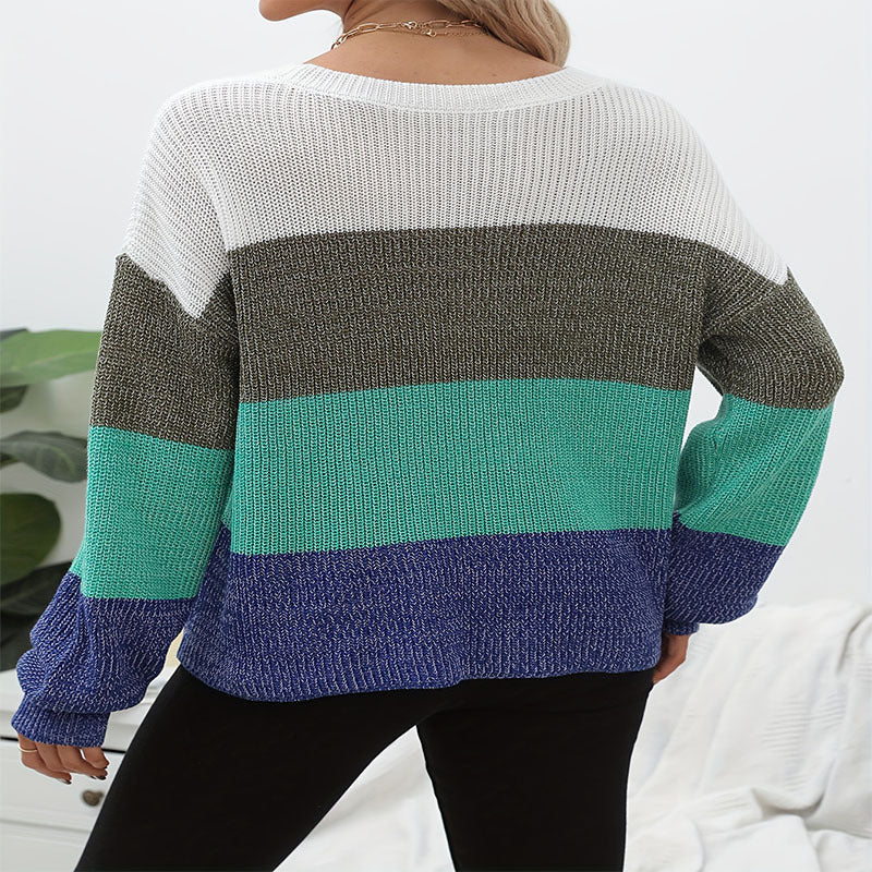 Damen lässiger Strickpullover mit modischem Farbmix und weitem Schnitt WW