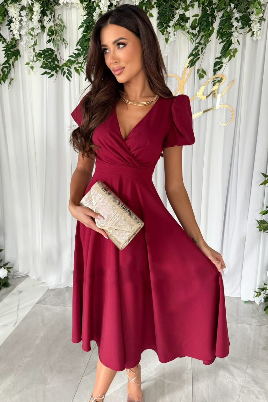 Damen A-Linie Kleid mit Puffärmeln und schmalem V-Ausschnitt WW