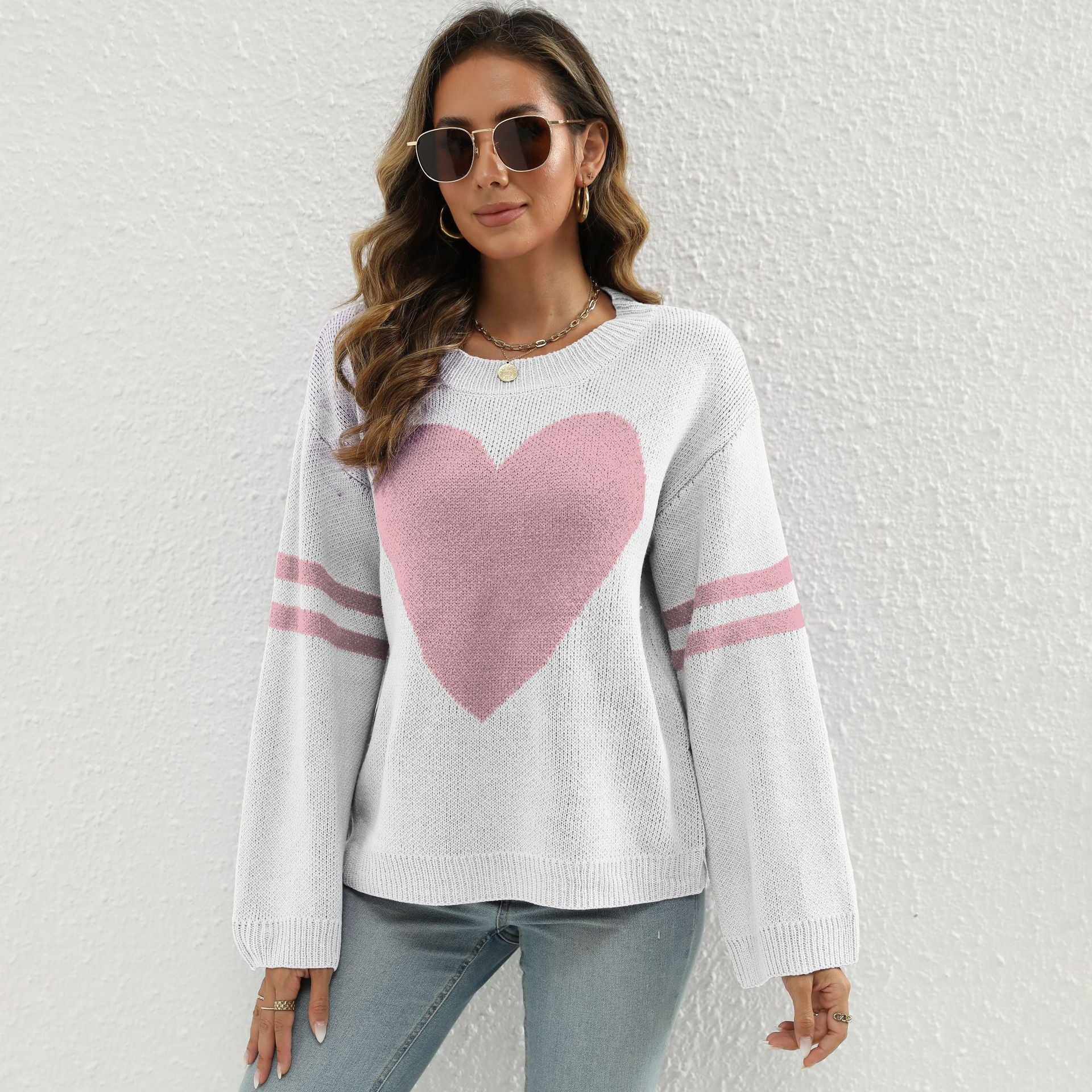 Damen Strickpullover mit Herzmotiv und lässigen Ärmelabschlüssen WW