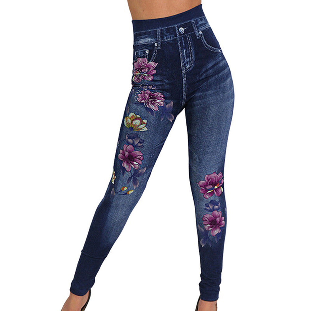 Damen Hochtaillierte Leggings im Jeans-Look mit floralem Motiv WW