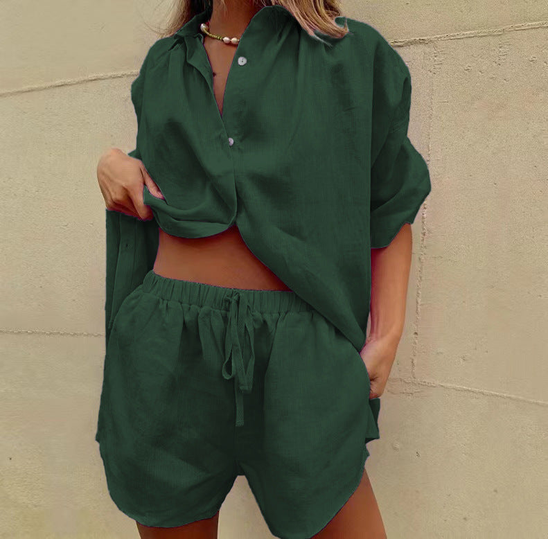 Damen lässige Leinenbluse mit kurzer Knopfleiste und lockeren Shorts WW