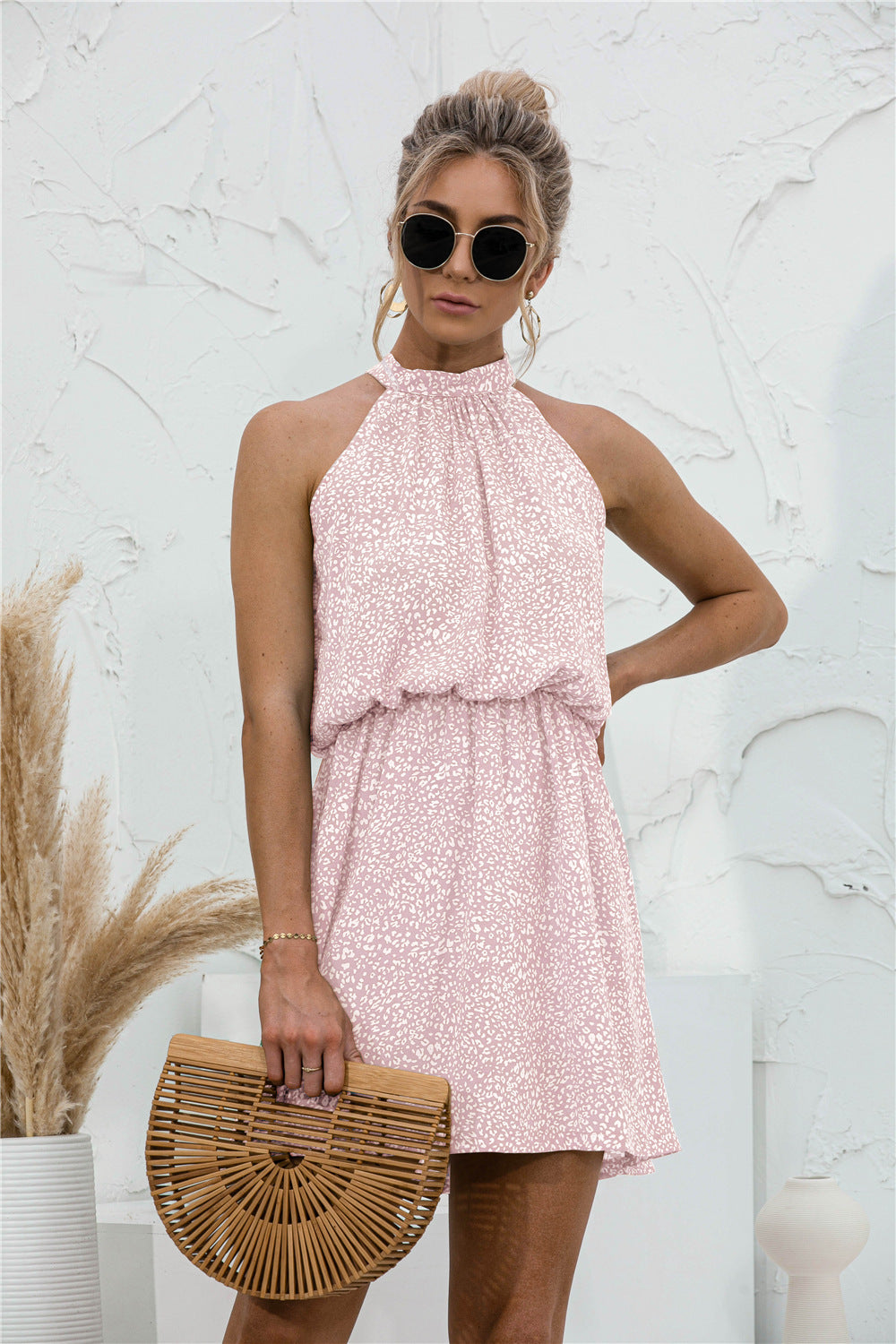 Damen verspieltes Sommerkleid mit hohem Hals und elastischem Bund WW