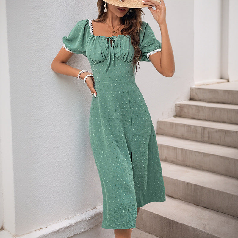 Damen Midi-Kleid mit eleganter quadratischer Ausschnitt und voluminösen Ärmeln WW