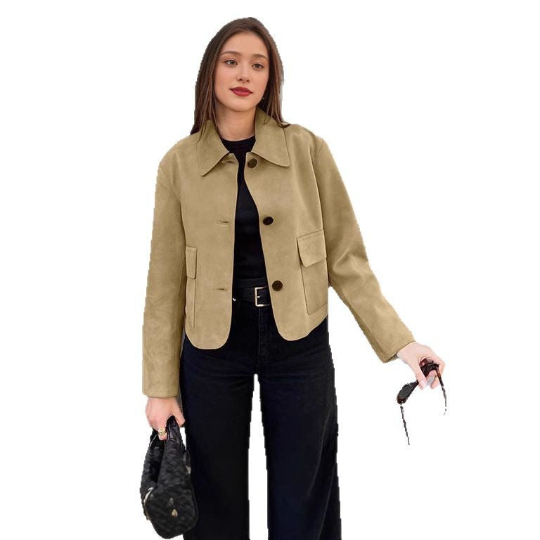 Damen Wildlederjacke mit modernen Knopfdetails und aufgesetzten Taschen WW