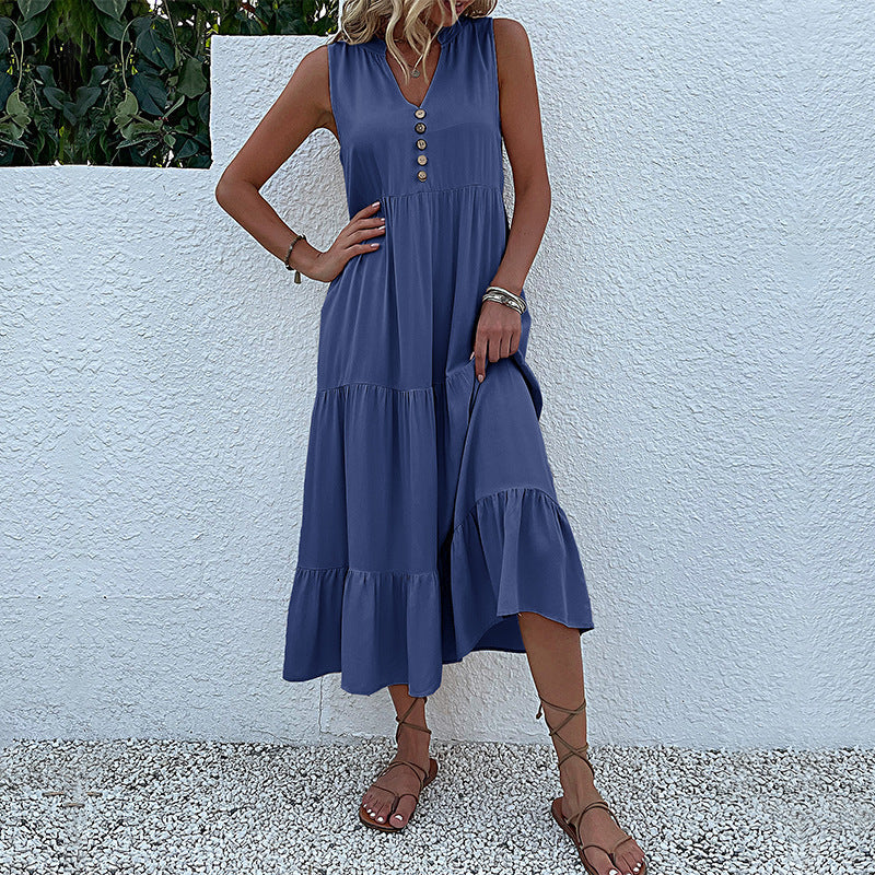 Damen Maxikleid mit Knopfdetail und voluminösem Rock WW