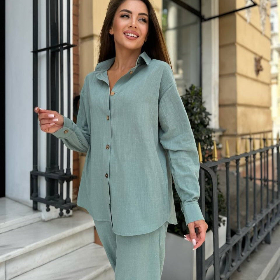 Damen elegantes und trendiges Zweiteiliges Set aus Hemd und weitem Hosen WW