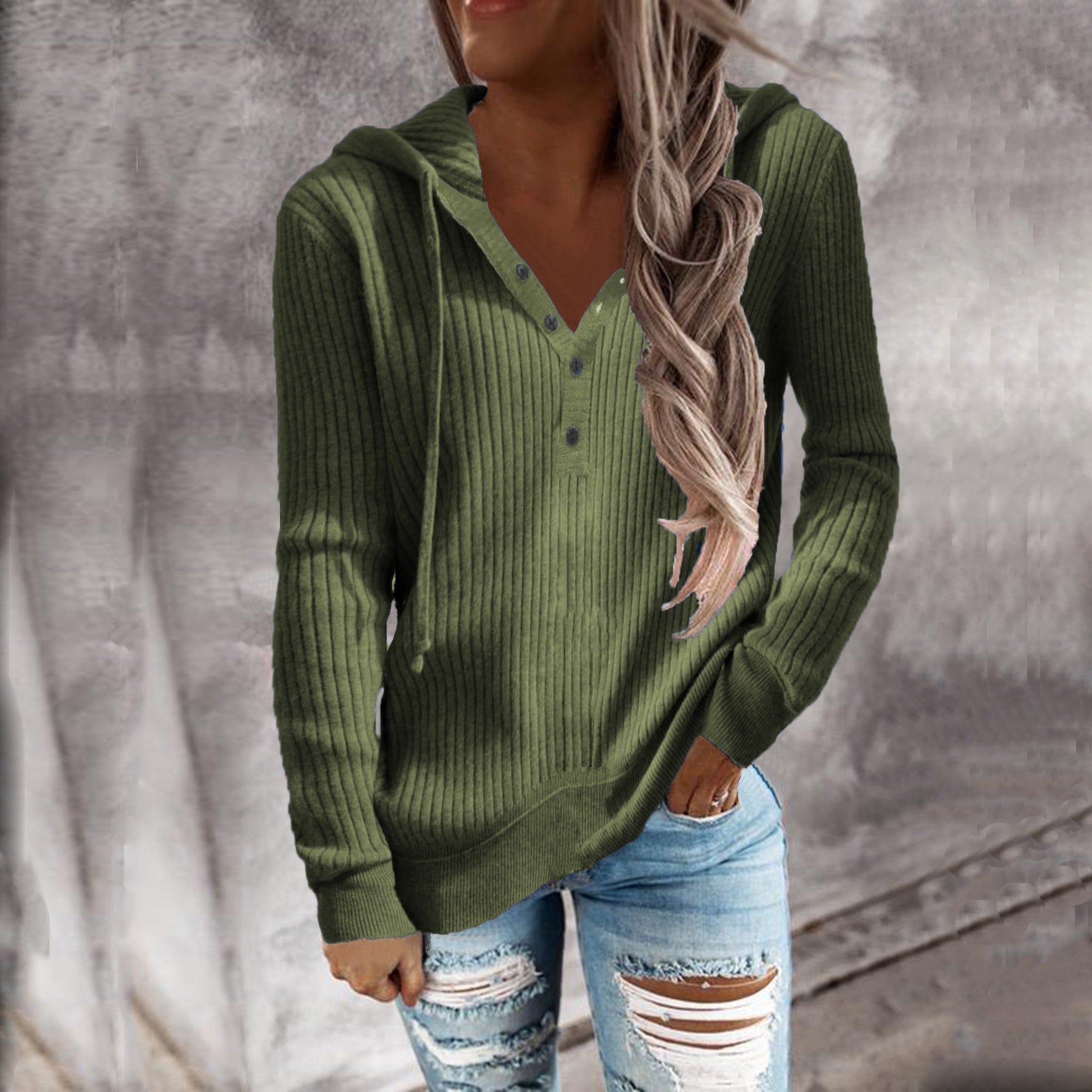Damen Kapuzenpullover mit feinem Rippstrick und Knopfleiste WW