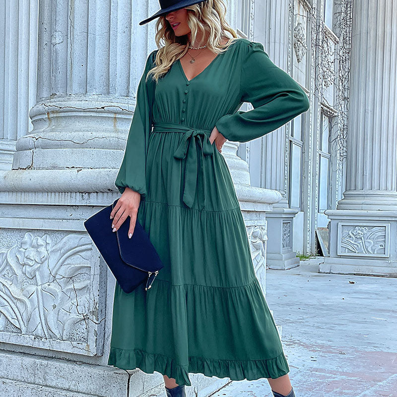 Damen Maxikleid mit Knopfleiste, Taillengürtel und Rüschensaum WW