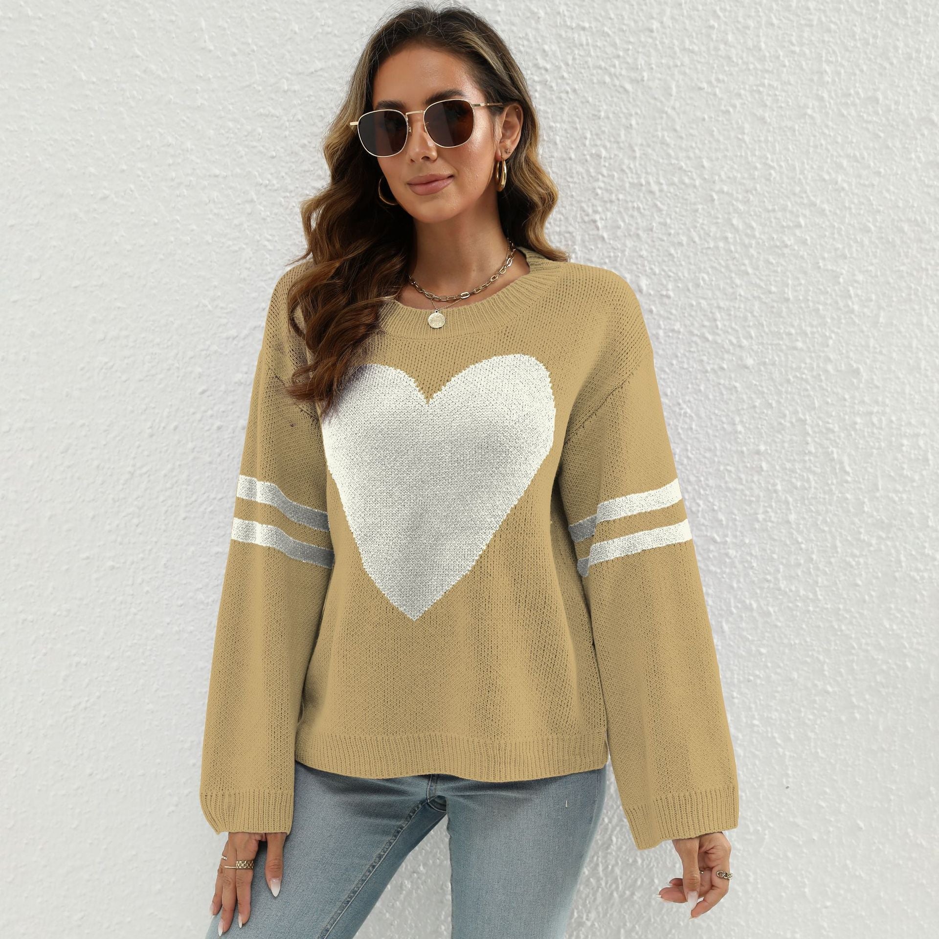 Damen Strickpullover mit Herzmotiv und lässigen Ärmelabschlüssen WW