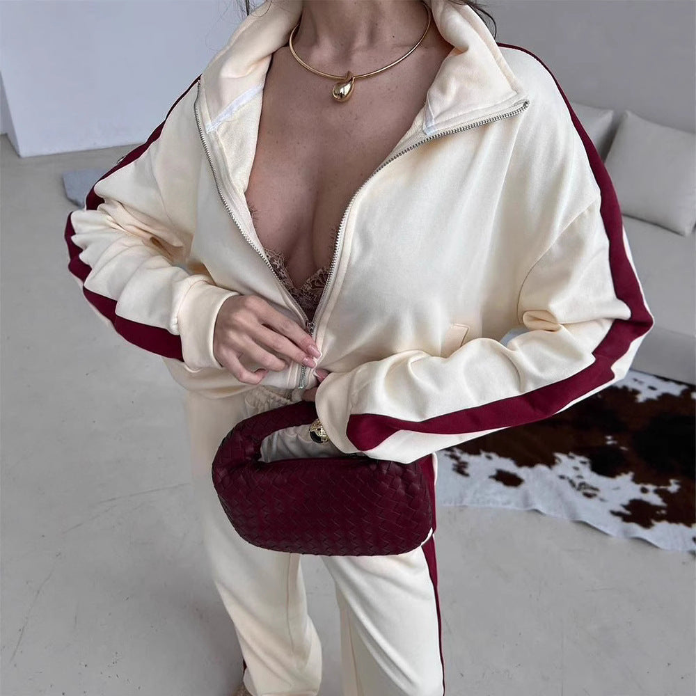 Damen sportliches Fleece-Set mit Stehkragen und seitlichen Kontraststreifen WW