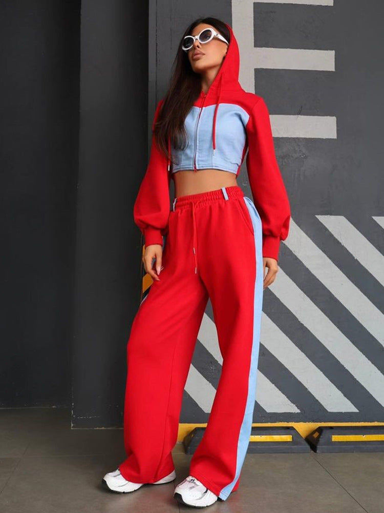 Damen sportliches Set mit cropped Kapuzenjacke und weitem Hosen WW