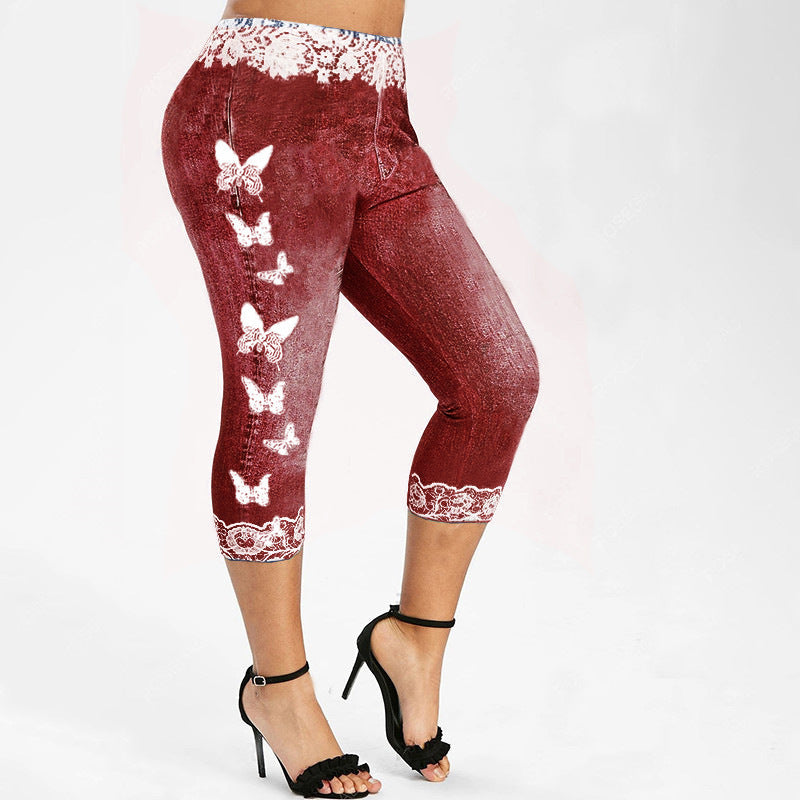 Damen Leggings im Jeans-Look mit einzigartigem Schmetterlingsdesign WW