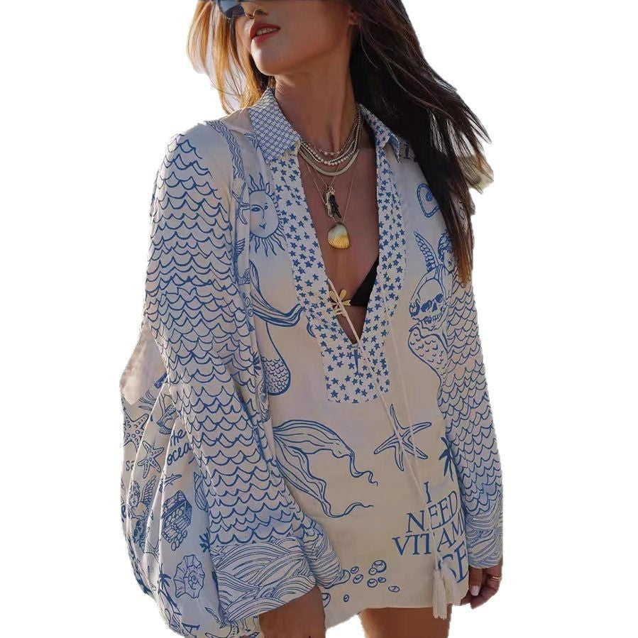 Damen luftige Strandbluse mit einzigartigen Muster-Details WW