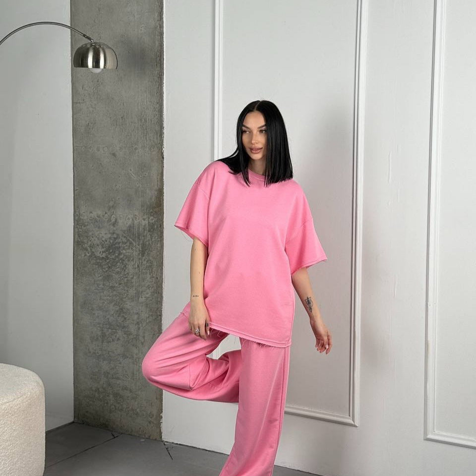 Damen lässiges Baumwoll-Set mit weit geschnittenem Oberteil und bequemen Hosen WW