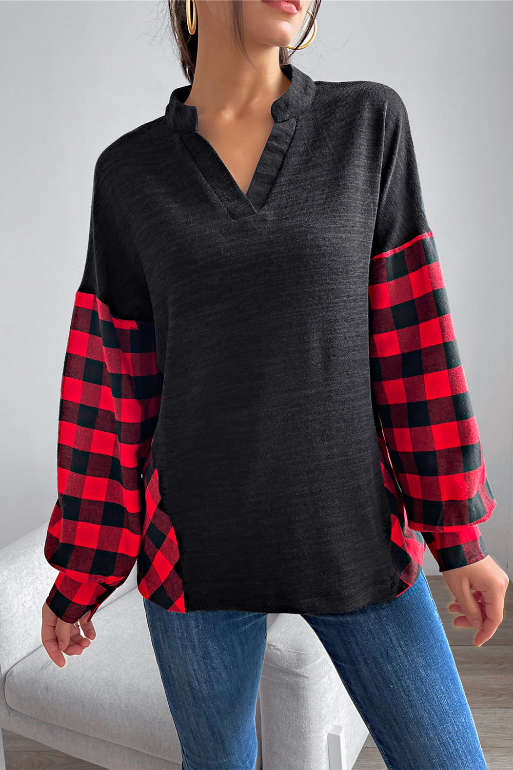 Damen Pullover mit Karomuster und modernem Stehkragen WW