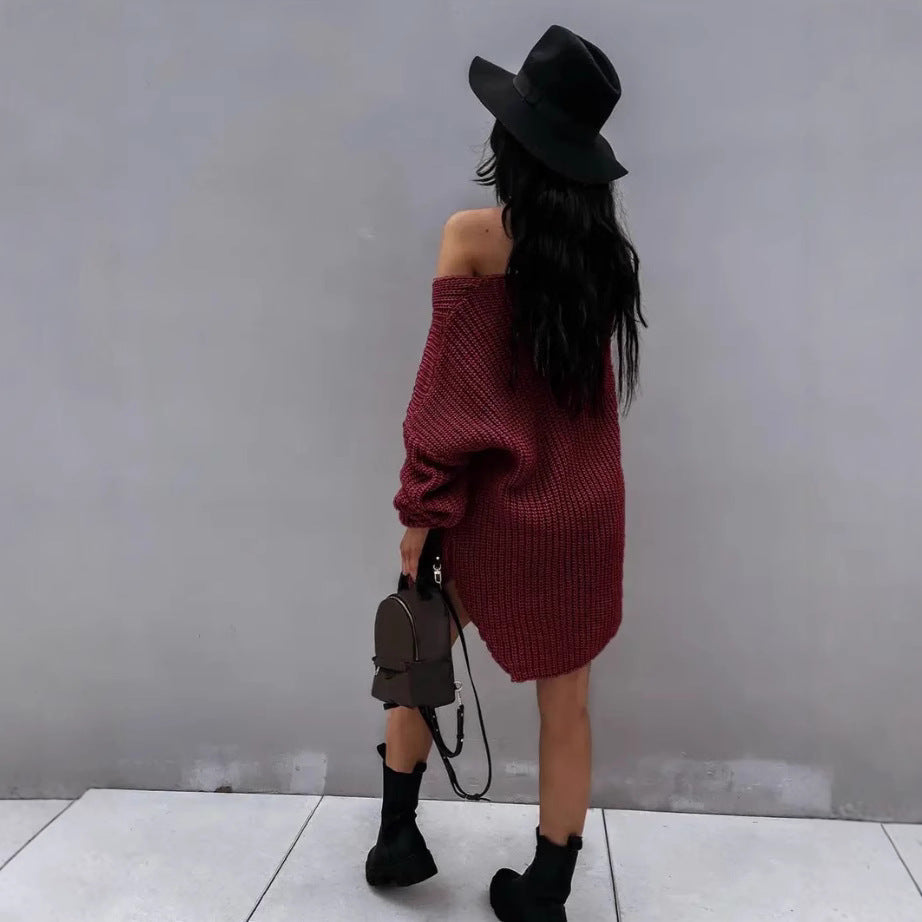 Damen lässiger Strickpullover mit tiefem V-Ausschnitt und ballonförmigen Ärmeln WW