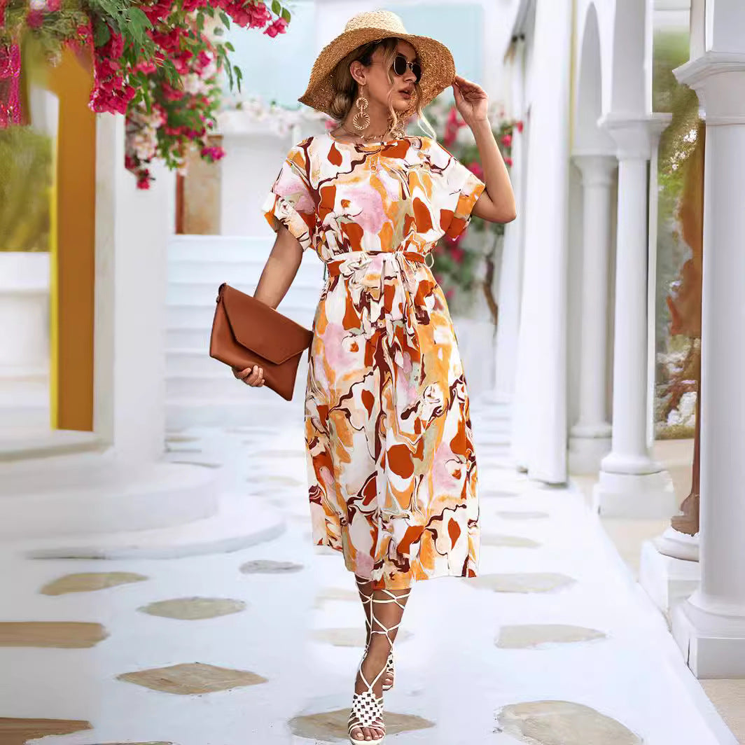 Damen Midi-Kleid mit modernem grafischem Muster und bequemem Taillengürtel WW