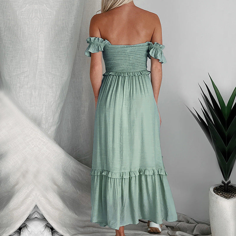 Damen Maxikleid mit schulterfreiem Design und voluminösen Rüschendetails WW