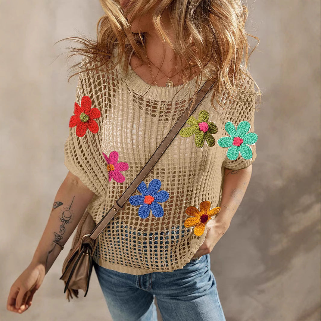 Damen modischer Grobstrick Pullover mit bunten floralen Applikationen WW