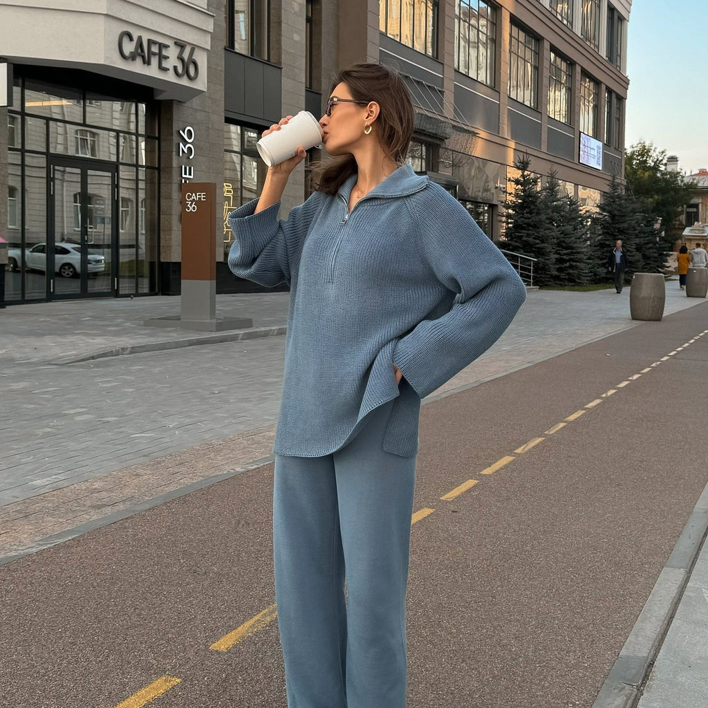 Damen lässiger Pullover mit halbem Reißverschluss und weitem Schnitt WW