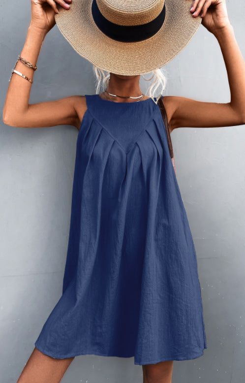 Damen Plissiertes Sommerkleid mit lockerer Passform und bequemem Rundhalsausschnitt WW