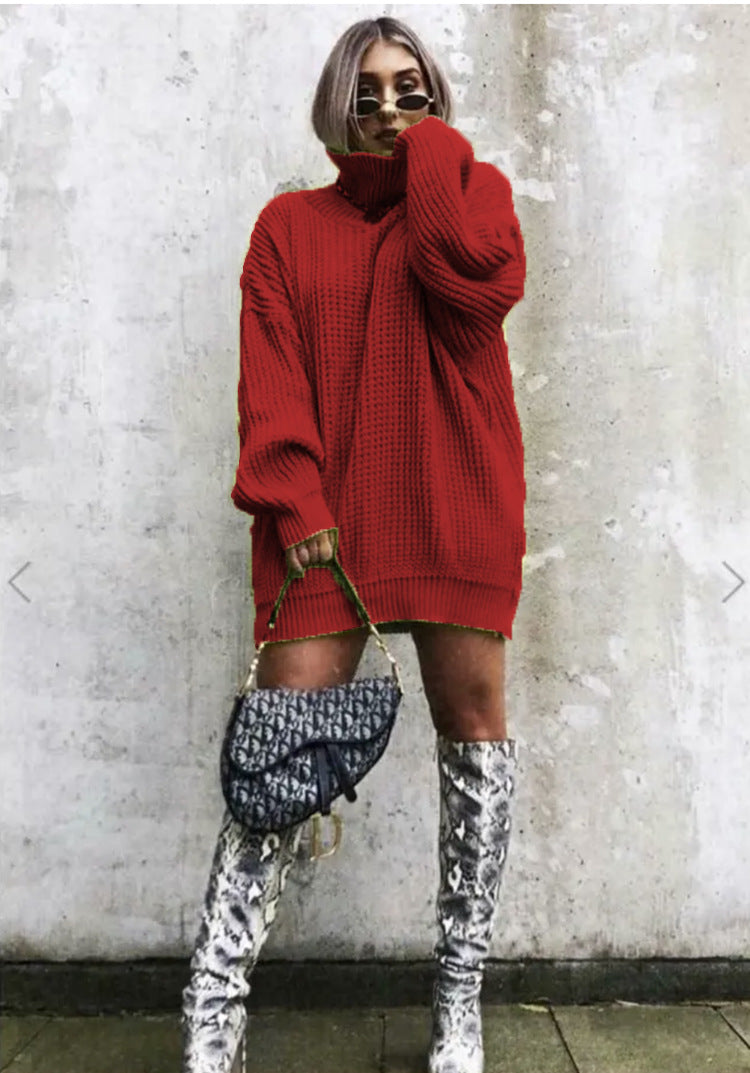 Damen Oversized Strickpullover mit hohem Kragen und Waffelmuster WW