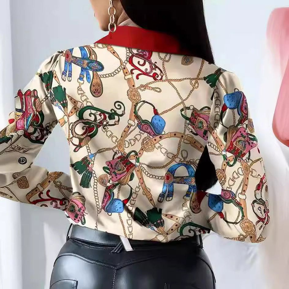 Damen elegante Bluse mit künstlerischem Druck und dekorativen Akzenten WW