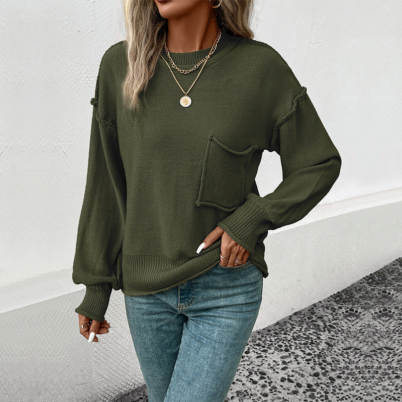 Damen lässiger Pullover mit voluminösen Ärmeln und praktischer Taschendetail WW