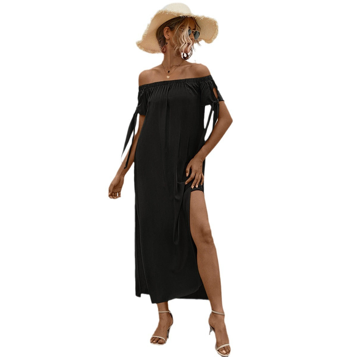 Damen Off-Shoulder Maxikleid mit seitlichem Schlitz und eleganten Bindebändern WW
