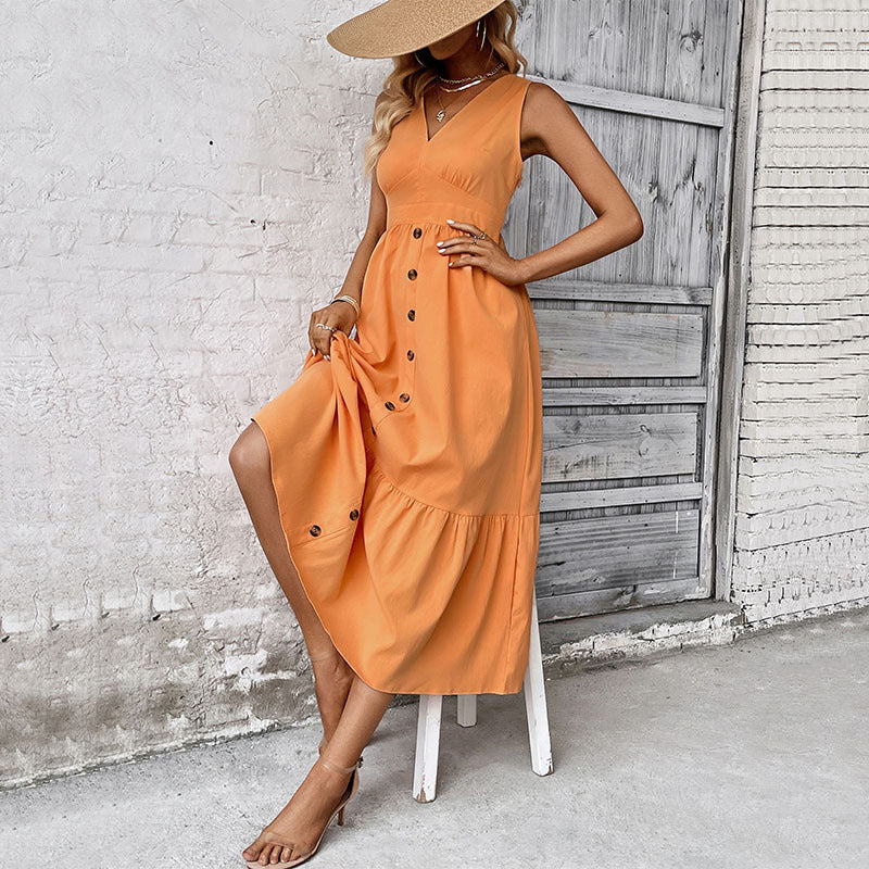 Damen Maxikleid mit tiefem V-Ausschnitt und eleganter Knopfleiste WW