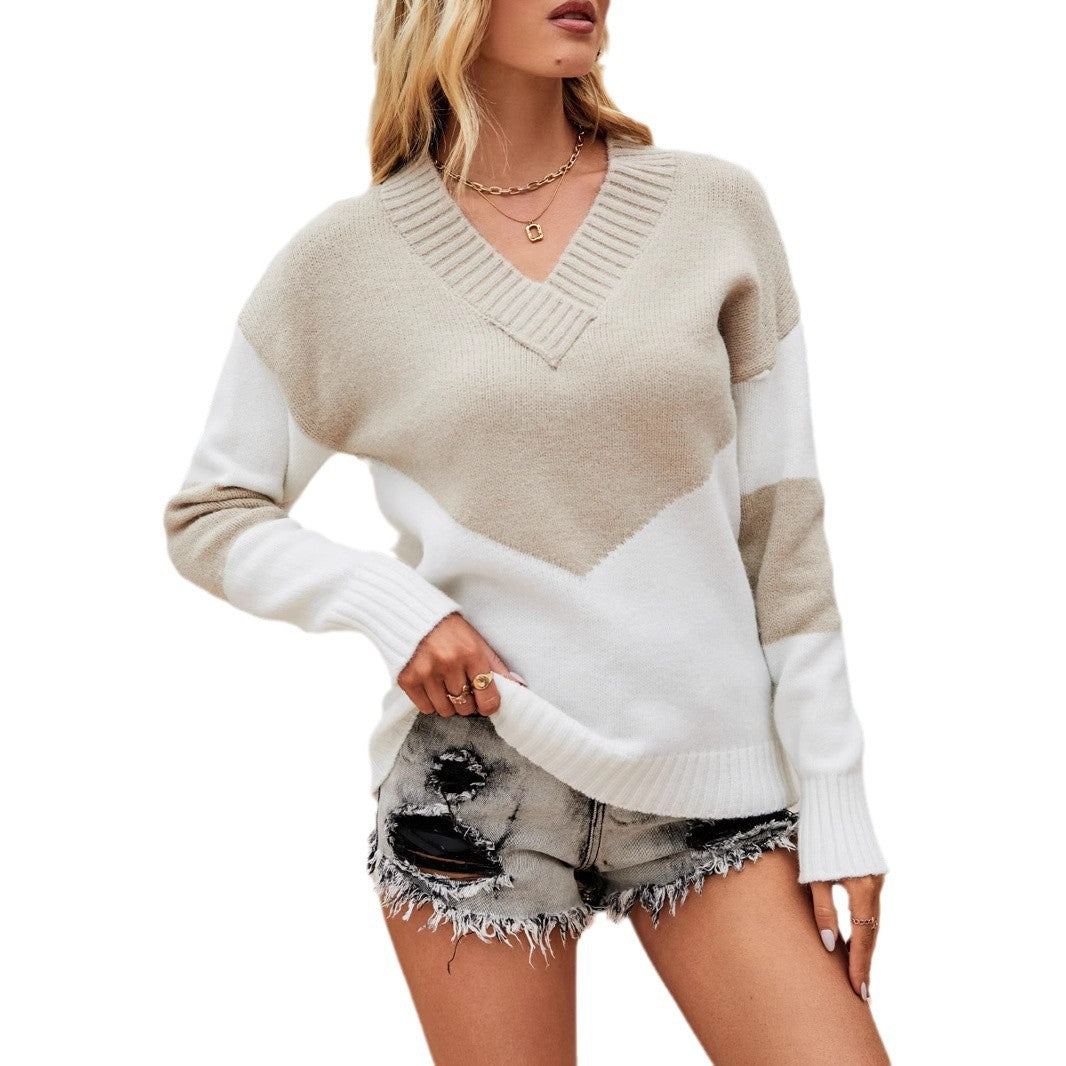 Damen V-Ausschnitt Pullover mit modernem Farbblockdesign WW