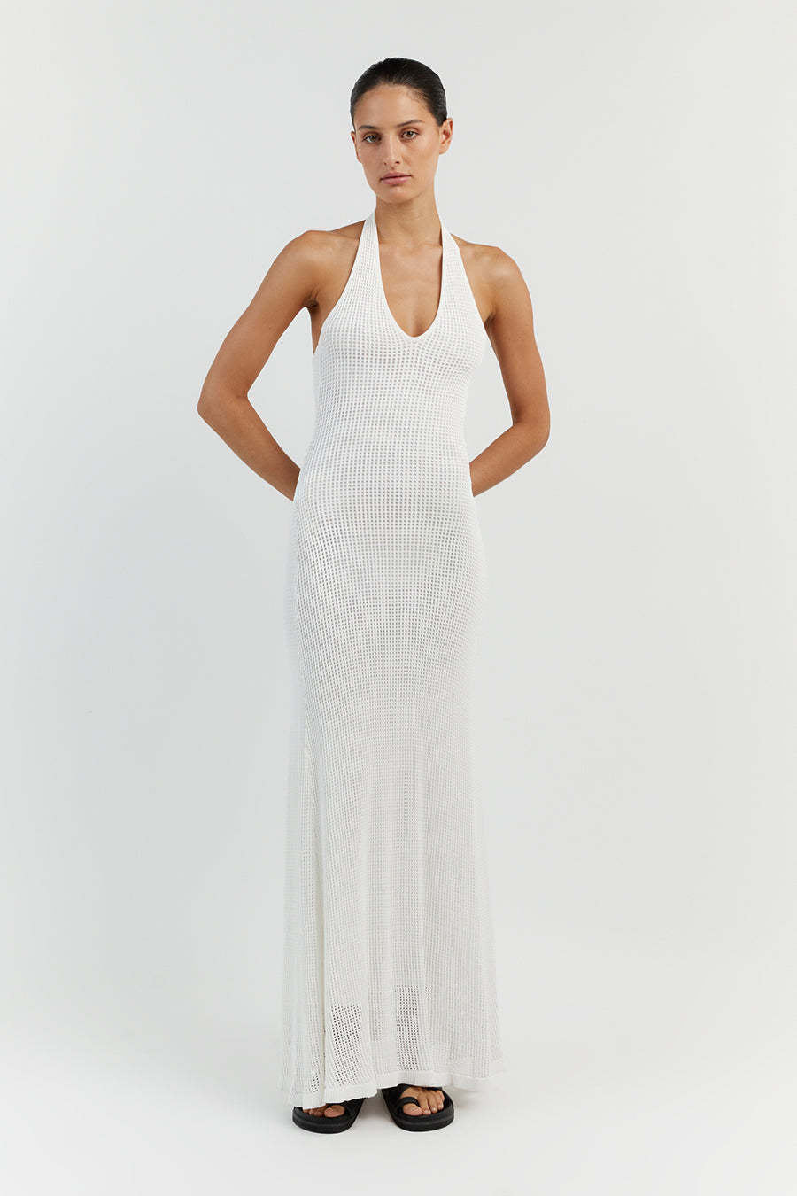 Damen Maxikleid aus feinem Netzstrick mit tiefem V-Ausschnitt WW