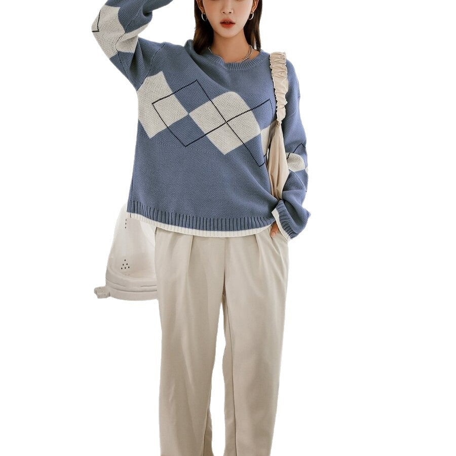 Damen stilvoller Pullover mit modernem Rautenmuster und verspielten Rüschendetails WW