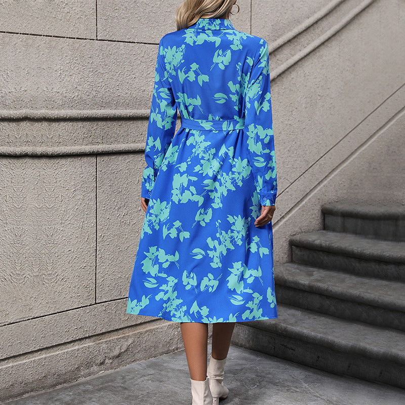 Damen langärmliges Maxikleid mit floralen Mustern und elegantem Gürtel WW