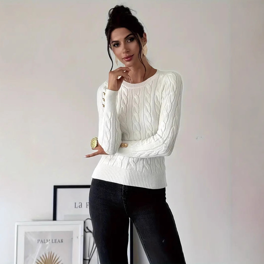 Damen Grobstrick Pullover mit dekorativen Knopfdetails WW