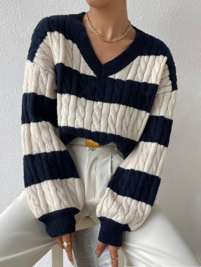 Damen V-Ausschnitt Strickpullover mit Rippstruktur und langen Ärmeln WW