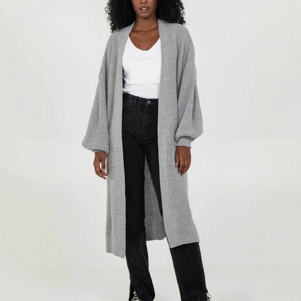 Damen Langer Strickcardigan mit voluminösen Ärmeln und offenem Schnitt WW